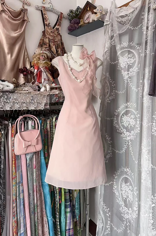 Light pink sleeveless fitted waist A-line midi ball gown R7835