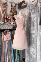 Light pink sleeveless fitted waist A-line midi ball gown R7835