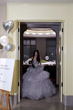 Silver-gray strapless, fitted waist, full skirt, long ball gown R8676