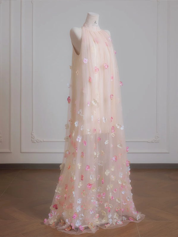 Pink sleeveless 3D floral straight long ball gown R8229