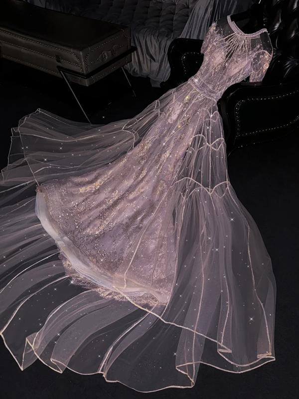 Light purple round neck fitted waist long elegant ball gown, bridal dress R8765
