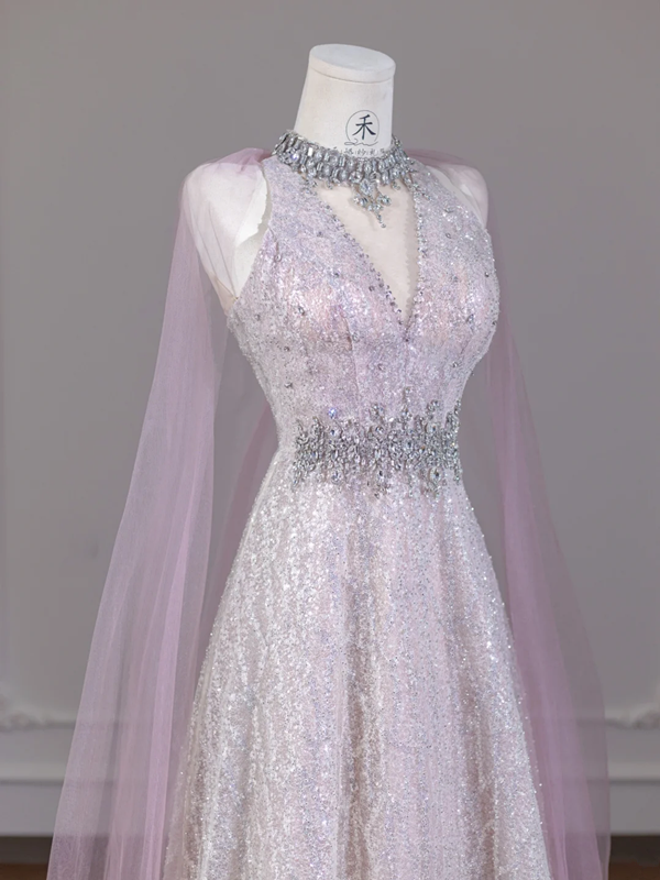 Light pink V-neck fitted waist slim-fit rhinestone long ball gown/bridal dress R8279