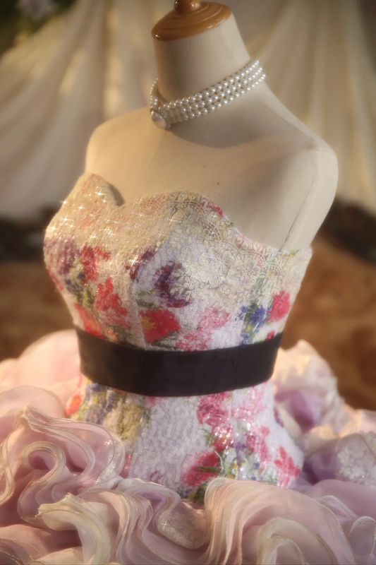 Light purple strapless ball gown with a cinched waist and a voluminous puffy skirt; bridal gown R7281