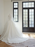 White strapless, fitted waist, full skirt, long ball gown, bridal dress R8512