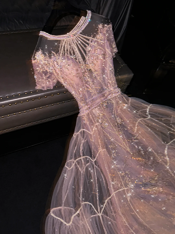 Light purple round neck fitted waist long elegant ball gown, bridal dress R8765