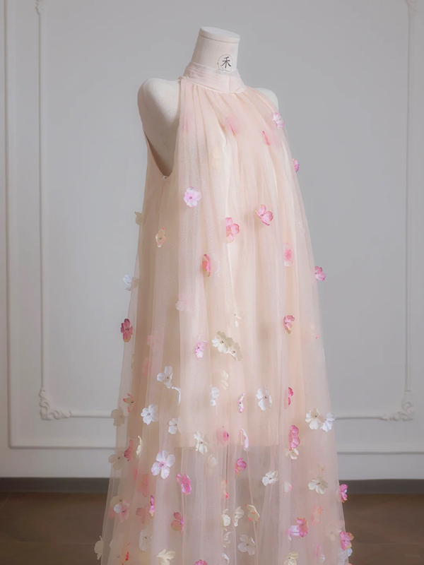 Pink sleeveless 3D floral straight long ball gown R8229