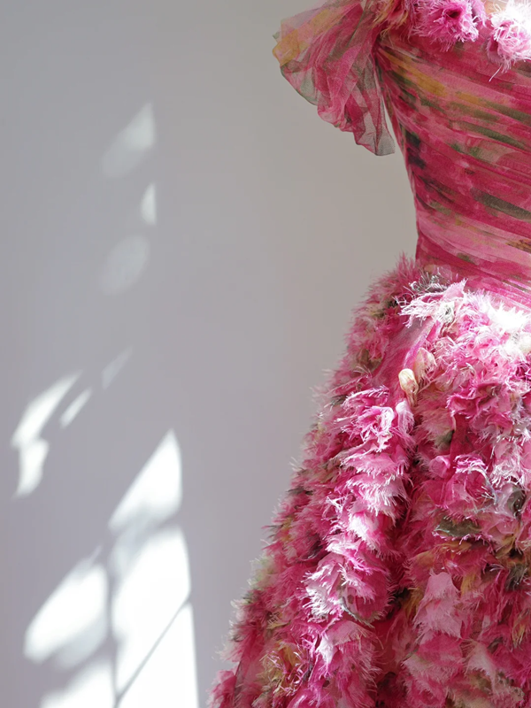 Pink floral print strapless fitted waist ball gown with a full skirt, long ball gown, bridal dress R8454