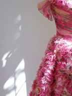 Pink floral print strapless fitted waist ball gown with a full skirt, long ball gown, bridal dress R8454