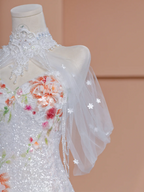 White halter-neck, fitted waist, bodycon, fishtail skirt, long ball gown, bridal gown R8424