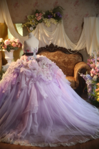 Light purple strapless ball gown with a cinched waist and a voluminous puffy skirt; bridal gown R7281