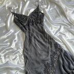 Vintage Spaghetti Straps Grey Chiffon Beaded Mermaid Evening Dress Long Prom Dress Y9739