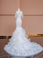 White halter-neck, fitted waist, bodycon, fishtail skirt, long ball gown, bridal gown R8424