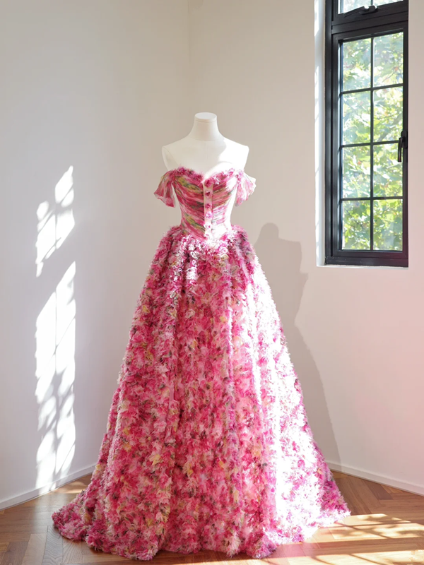 Pink floral print strapless fitted waist ball gown with a full skirt, long ball gown, bridal dress R8454