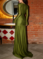 Elegant Olive Green V Neck Satin Pleated Mermaid Party Dress Long Wedding Guest Dress SP901