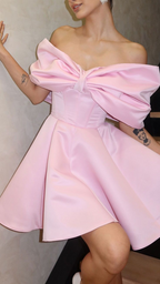 Cute Off The Shoulder Bow Pink ALine Short Graduation Homecoming Dress Birthday Outfits Y9622