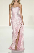 Pretty Sweetheart Neck Pink Satin Beaded Ruffles Slit Mermaid Evening Dress Long Party Gown Birthday Prom Dress