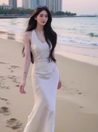 French satin halter neck V-neck dress temperament slim fishtail hip-wrapped long skirt R1526