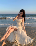 French style white suspenders beautiful small skirt seaside holiday dress fairy skirt R1605
