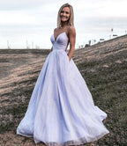Purple tulle long A line prom dress evening gown