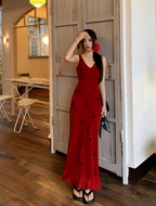 Fairy V-neck suspender dress French style slim high waist petite long skirt holiday style skirt R1758