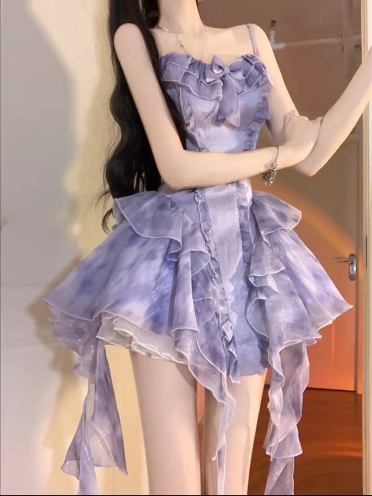 Tea break French sweet puffy suspender dress super fairy forest fairy dress high-end R1653