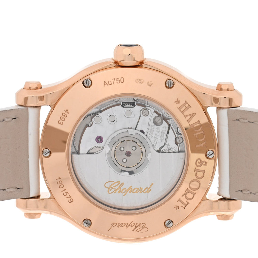 18K Rose Gold Alligator 5 Diamond 30mm Happy Sport Automatic Watch White