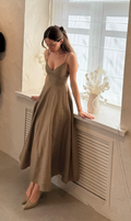 Simple Spaghetti Straps V Neck Satin A Line Long Wedding Guest Dress Evening Gown SP1200