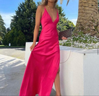 Simple Hot Pink V Neck Prom Dress,Elegant Prom Gown cc1120
