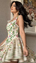 Fresh green floral suspenders low-cut sexy waist skirt homecoming dress R2623