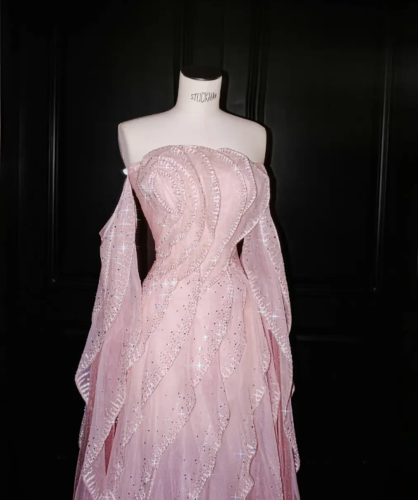 Sweet Strapless Sheath Long Prom Dresses Tulle Pink Evening Dresses cg26123