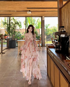 Fairy French floral suspender long dress beautiful holiday style v-neck wear backless dress R1754