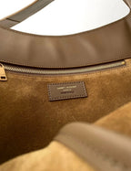 SAINT LAURENT LE5A7 Metal brand logo suede shoulder tote for women in caramel