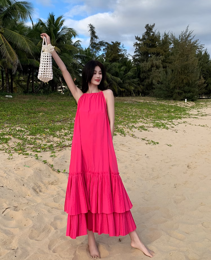 Seaside holiday style rose red white sleeveless dress high-grade layered pleated skirt R1582
