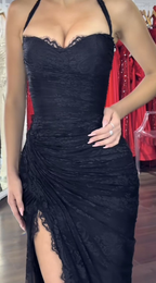 Sexy Halter Black Lace Side Slit Mermaid Long Evening Dress Prom Gown Formal Wedding Guest Dress