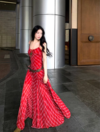 Temperament wear holiday skirt red plaid big swing tall long skirt suspender dress R1742
