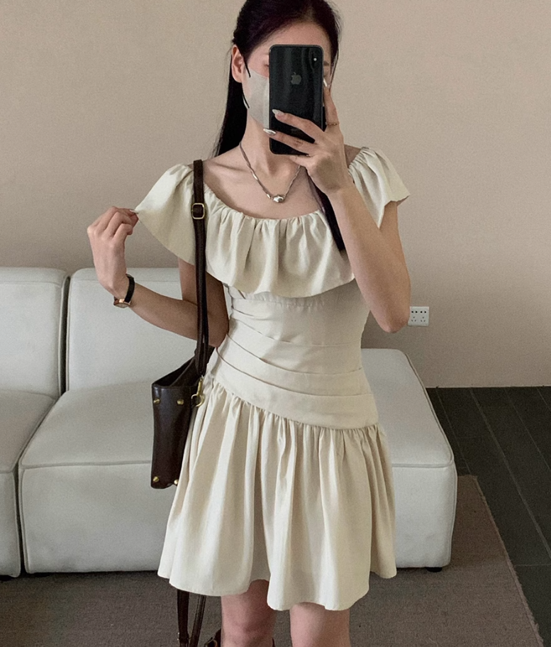 Pleated age-reducing one-shoulder flying sleeves two-way dress R2093