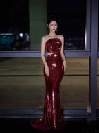 Burgundy Strapless Sequin Rose Flowers Prom Dress,Mermaid Long Evening Dress Y8595