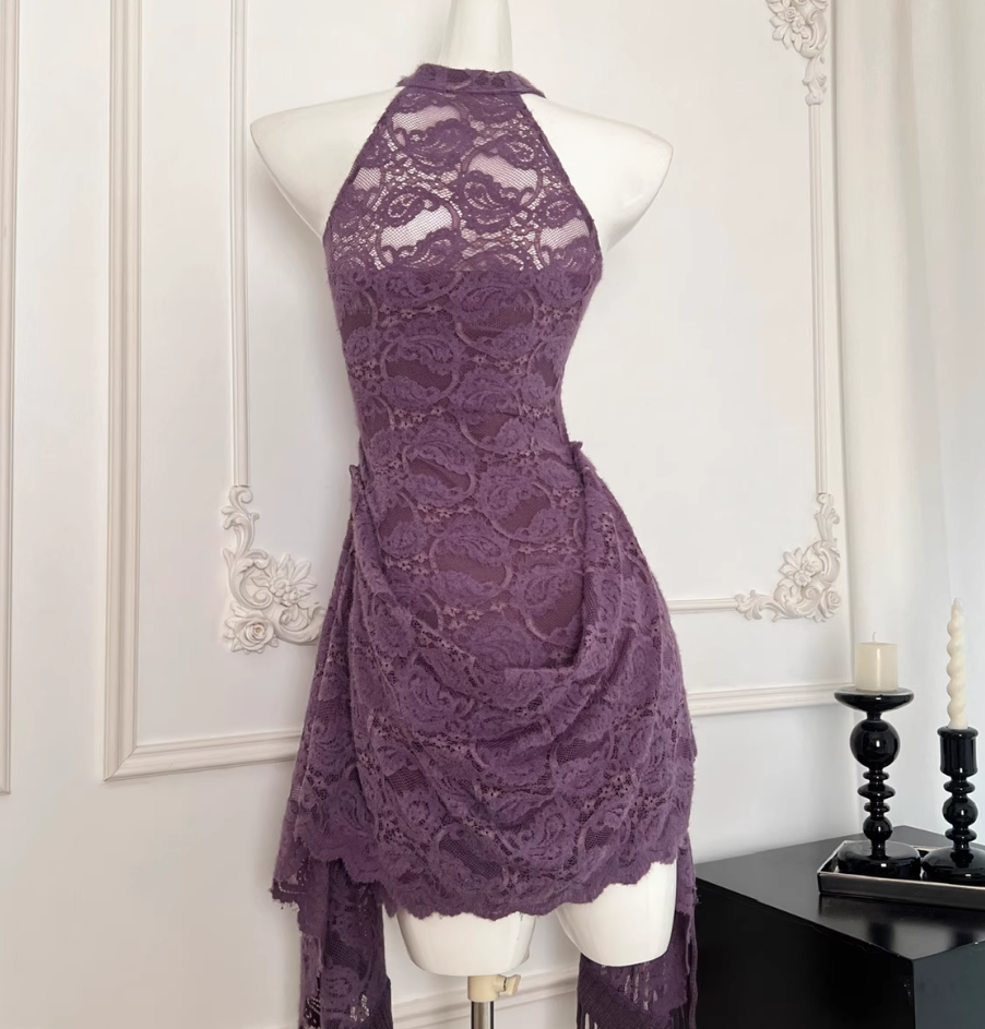 Purple halter neck dress 2025 new style new Chinese style hip skirt lace skirt R2086