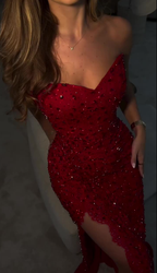 Luxury Strapless Red Lace Beaded Side Slit Mermaid Long Party Dress Formal Evening Gown