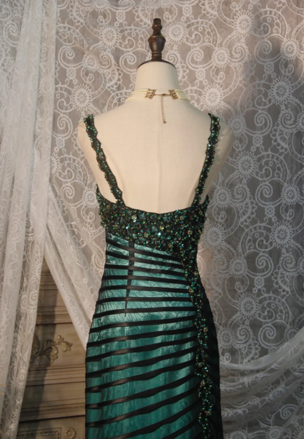 Vintage Spaghetti Straps Satin Tulle Beaded Mermaid Evening Dress Dark Green Long Party Gown