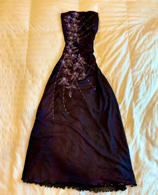 Vintage Strapless Purple Chiffon Satin Beaded Long Birthday Prom Dress Evening Gown