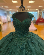 Green Princess Ball Gown Quinceanera Dresses Sweet 15 Party 3D Flowers Lace Applique Crystal Beads Sequin Birthday Gowns Y606