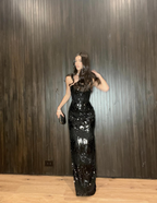 Sexy Black Strapless Satin Sequin Slit Long Party Dress Birthday Prom Dresses SP1037