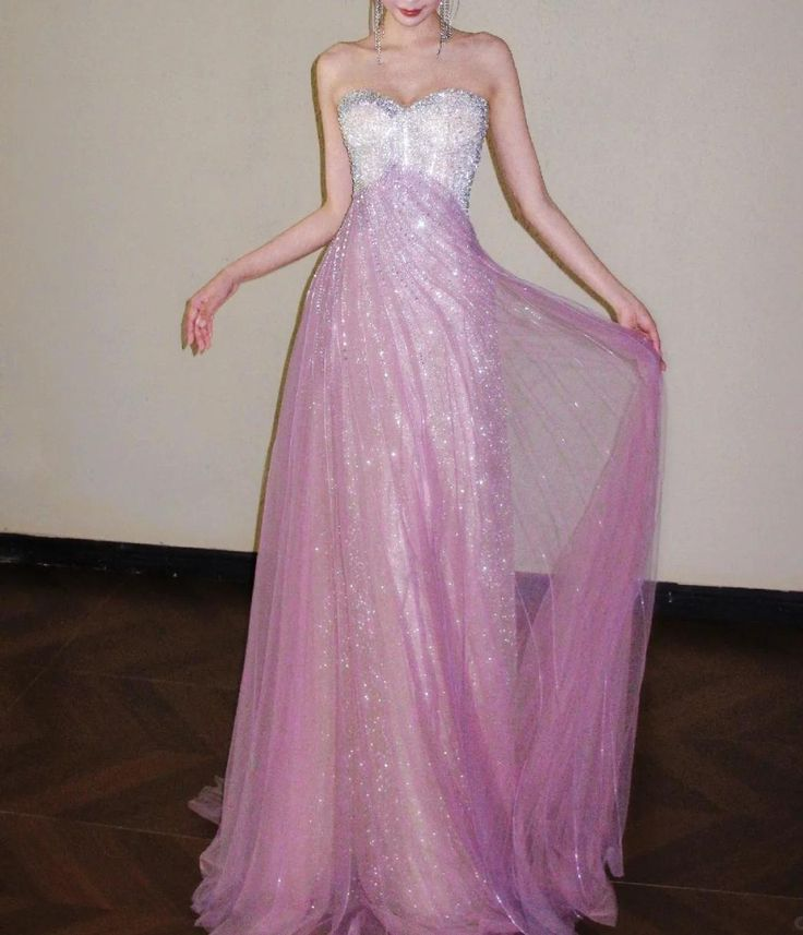 Glitter Strapless Pink Tulle Sequin A Line Long Party Dress Evening Gown