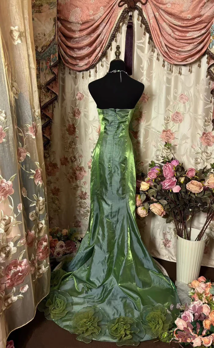 Vintage Green Strapless Satin Tulle Layered Ruffle Mermaid Long Prom Dress Evening Gown