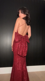 Elegant Burgundy Sequins Mermaid Evening Dress,Backless Long Prom Dress With Bow Y8510