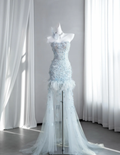 Elegant Light Blue Strapless Tulle Beaded Mermaid Long Wedding Guest Dress Formal Party Dress With Butterfly Appliques SP1512