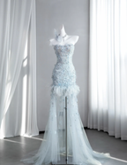 Elegant Light Blue Strapless Tulle Beaded Mermaid Long Wedding Guest Dress Formal Party Dress With Butterfly Appliques SP1512