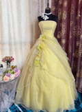 Sweet Strapless Ball Gown Yellow Organza Pleated Birthday Quinceanera Dress With 3D Flowers SP1891