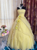 Sweet Strapless Ball Gown Yellow Organza Pleated Birthday Quinceanera Dress With 3D Flowers SP1891